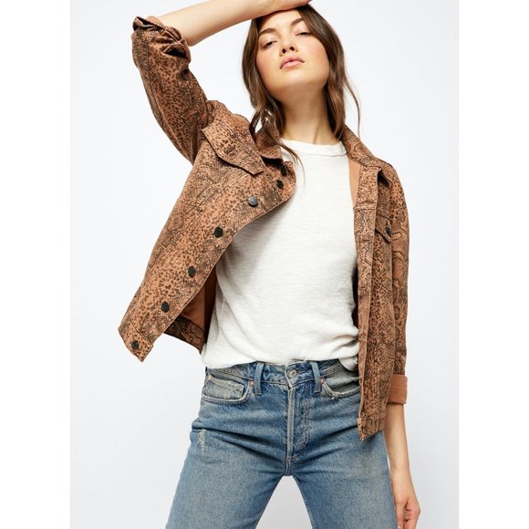 NWT FREE PEOPLE Brown Snake Trucker Jacket - Size XL